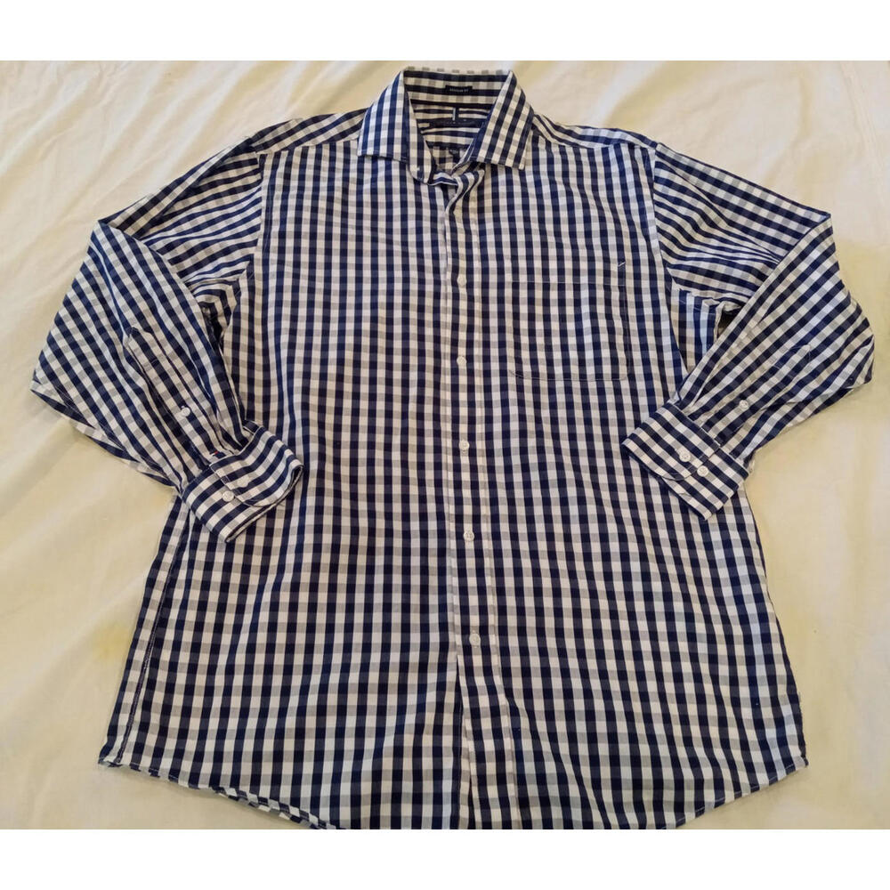 Tommy Hilfiger Men's Size M 15-15-1/2 Blue White Checkered Long Sleeve Shirt
